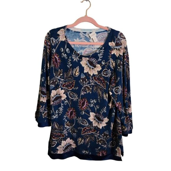 Chico's Floral Woven Trim Pullover Sweater Size L - Picture 2 of 12